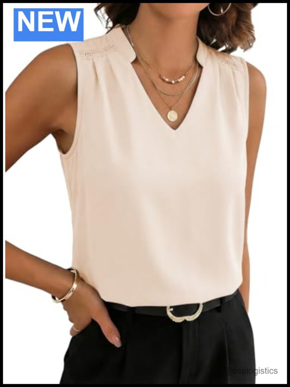 V-Neck Sleeveless Blouse with Lace Trim for Work